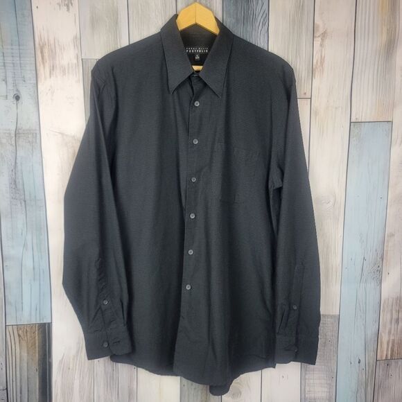 Perry Ellis Black Small Check Long Sleeve Button Down Shirt Size 16 34/35 - Picture 1 of 6